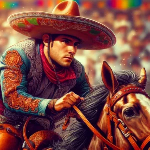 Latin Rodeo -- A vivid and detailed closeup illustration of a cowboy at a Latin rodeo in South and Central America. The focus is on a cowboy wearing a colo4