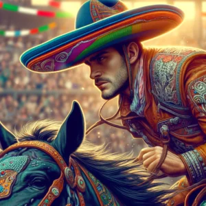 Latin Rodeo -- A vivid and detailed closeup illustration of a cowboy at a Latin rodeo in South and Central America. The focus is on a cowboy wearing a colo4