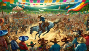 Latin Rodeo -- A vivid and detailed wide illustration depicting a Latin rodeo in South and Central America. The scene captures the vibrant and festive atmo2